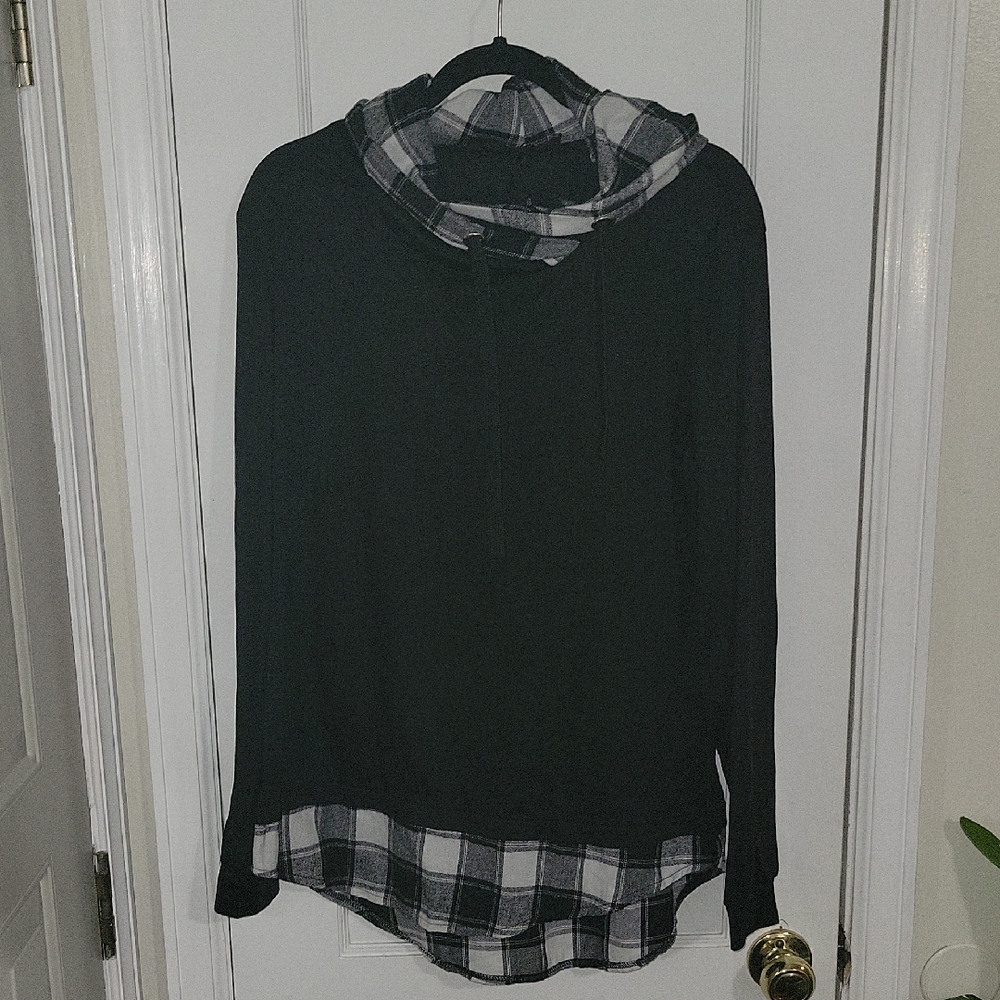 Black Plaid Hoodie with Cowl Neck SZ XL